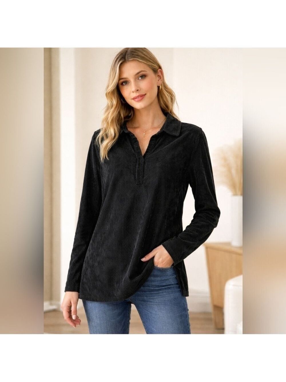 NWOT Belle by Kim Gravel Black Corduroy Tunic Blouse Size XXS